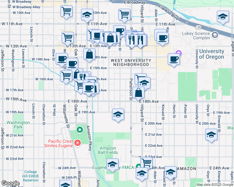 map of restaurants, bars, coffee shops, grocery stores, and more near 6168 Ferry Street in Eugene