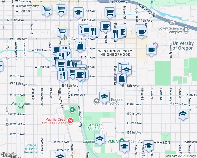 map of restaurants, bars, coffee shops, grocery stores, and more near 1654 Mill Street in Eugene
