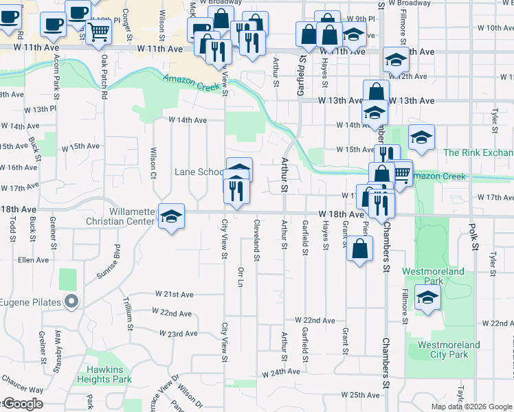 map of restaurants, bars, coffee shops, grocery stores, and more near 2198 West 17th Court in Eugene