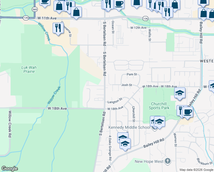 map of restaurants, bars, coffee shops, grocery stores, and more near 4028 Josh Street in Eugene
