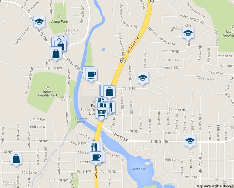 map of restaurants, bars, coffee shops, grocery stores, and more near 1700 North Broadway Avenue in Rochester