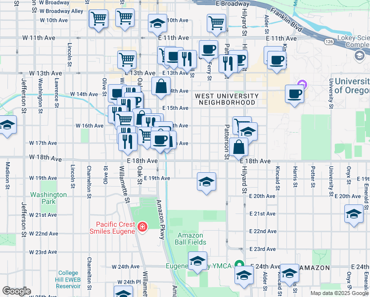 map of restaurants, bars, coffee shops, grocery stores, and more near 1721 Mill Alley in Eugene