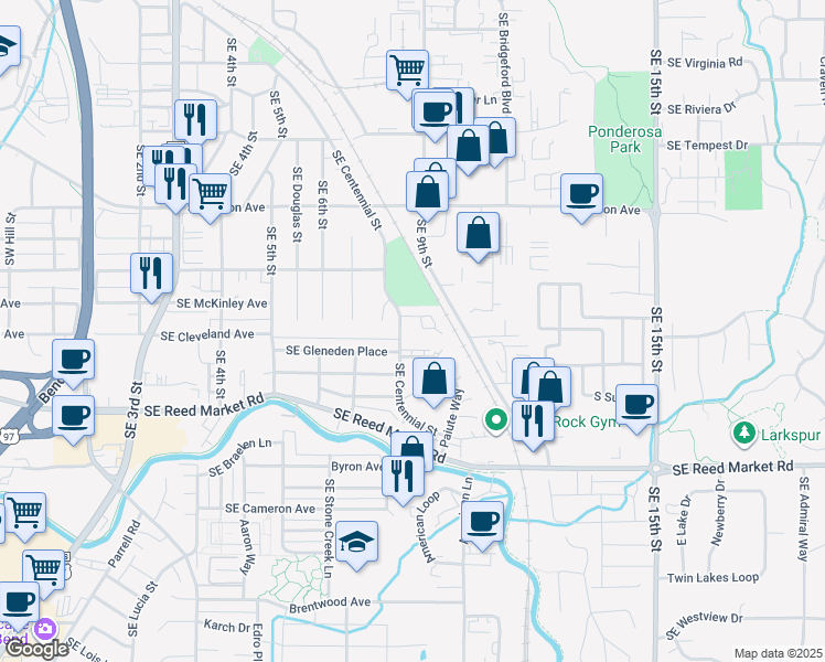 map of restaurants, bars, coffee shops, grocery stores, and more near 853 Southeast Stratford Court in Bend