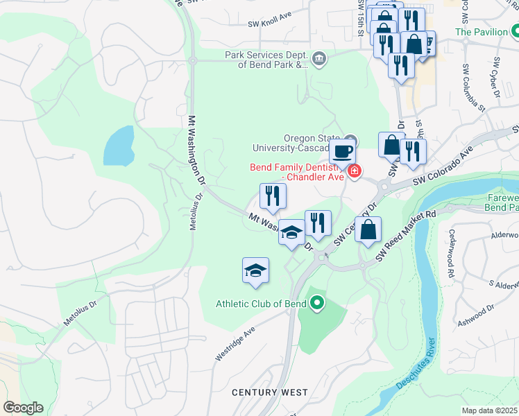 map of restaurants, bars, coffee shops, grocery stores, and more near 1797 Southwest Chandler Avenue in Bend