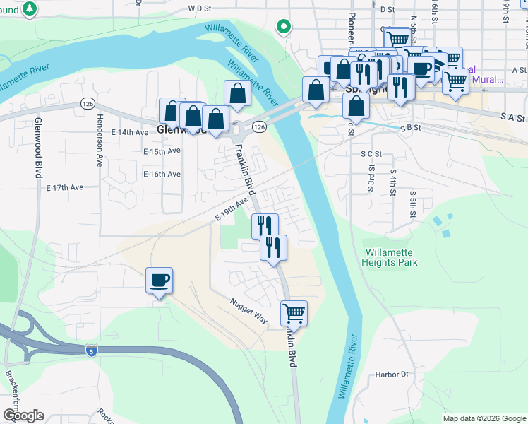map of restaurants, bars, coffee shops, grocery stores, and more near 4531 Franklin Boulevard in Eugene