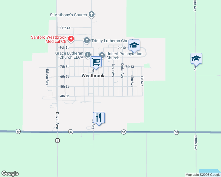 map of restaurants, bars, coffee shops, grocery stores, and more near 535 Birch Avenue in Westbrook