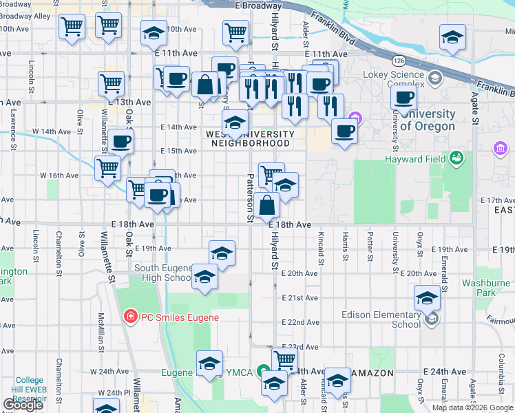map of restaurants, bars, coffee shops, grocery stores, and more near 1676 Hilyard Street in Eugene