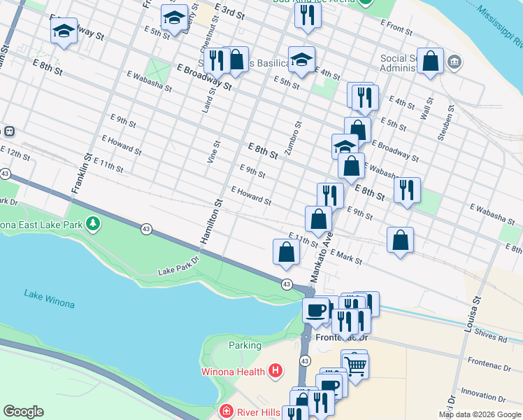 map of restaurants, bars, coffee shops, grocery stores, and more near 561 Zumbro Street in Winona