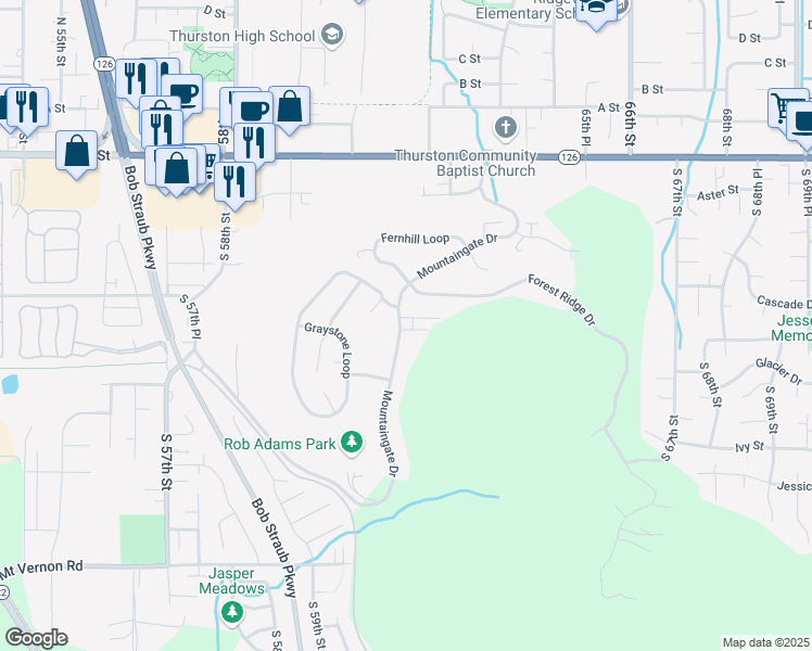 map of restaurants, bars, coffee shops, grocery stores, and more near 545 Mountaingate Drive in Springfield