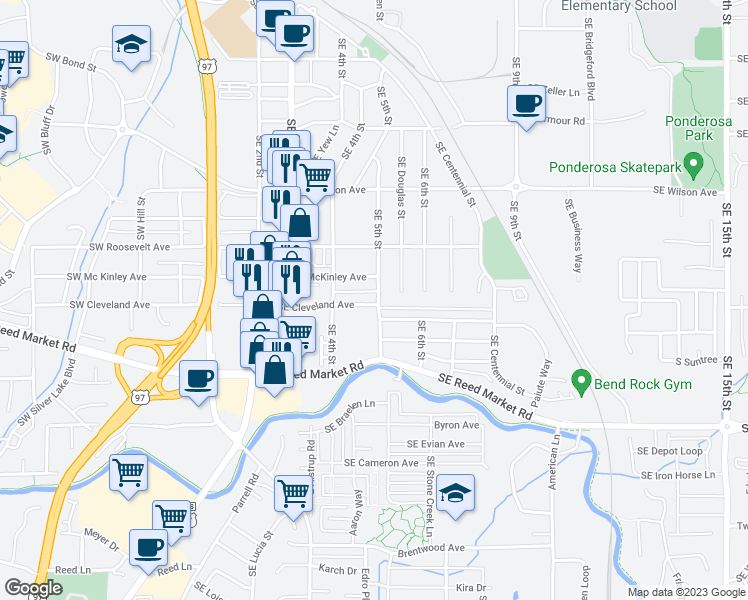 map of restaurants, bars, coffee shops, grocery stores, and more near 480 Southeast Cleveland Avenue in Bend