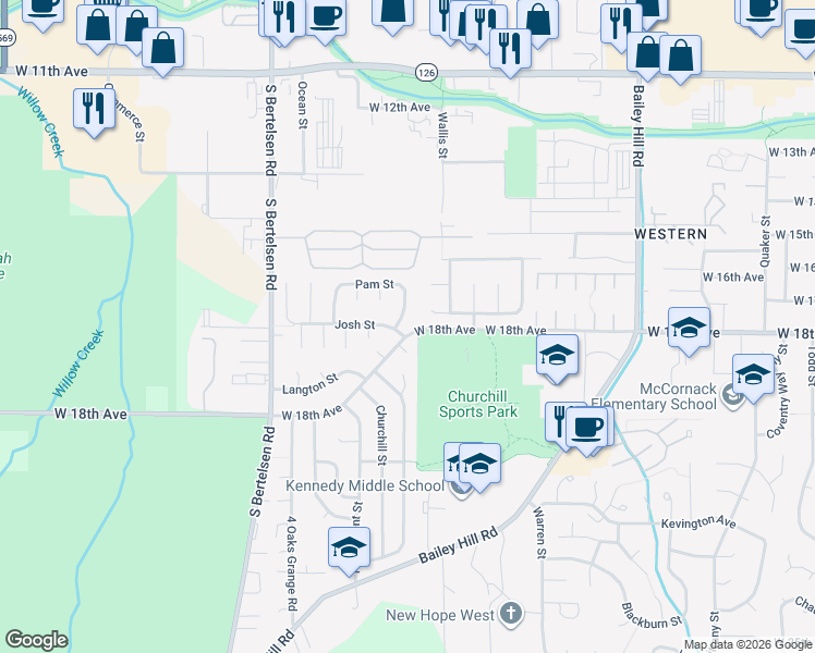 map of restaurants, bars, coffee shops, grocery stores, and more near 3914 Pam Street in Eugene