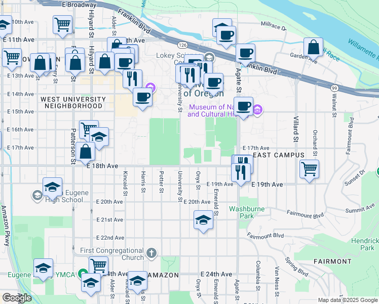 map of restaurants, bars, coffee shops, grocery stores, and more near 1677 University Street in Eugene