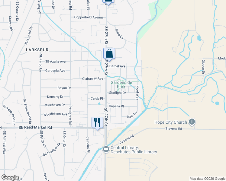 map of restaurants, bars, coffee shops, grocery stores, and more near 61699 Darla Place in Bend