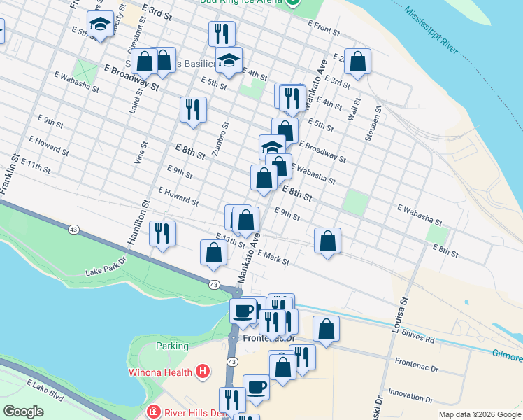map of restaurants, bars, coffee shops, grocery stores, and more near 457 Mankato Avenue in Winona