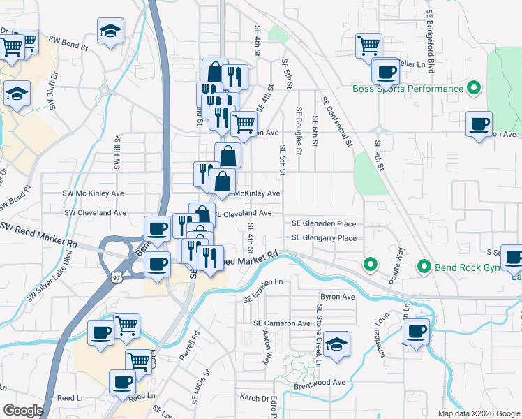 map of restaurants, bars, coffee shops, grocery stores, and more near 434 Southeast Cleveland Avenue in Bend