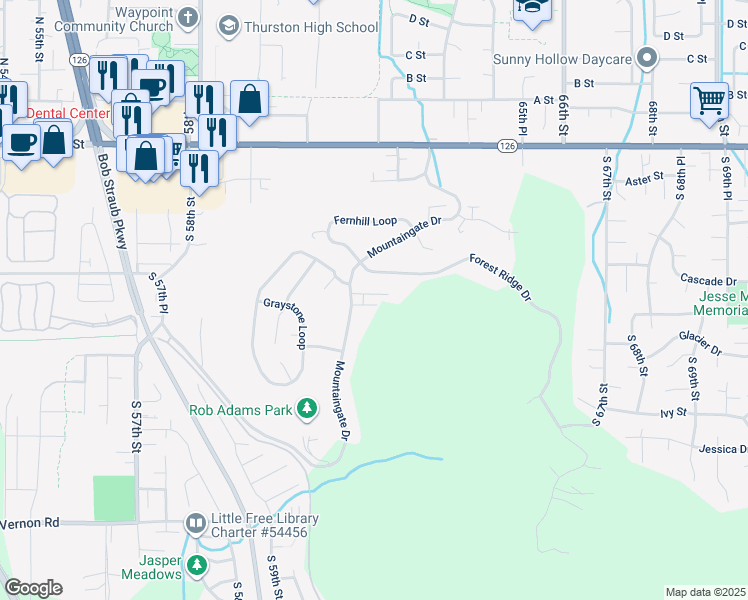 map of restaurants, bars, coffee shops, grocery stores, and more near 545 Mountaingate Drive in Springfield