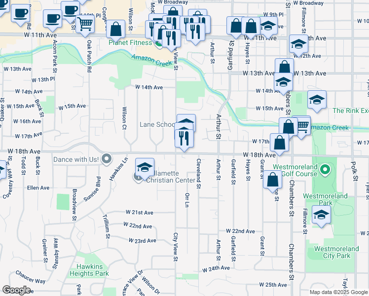 map of restaurants, bars, coffee shops, grocery stores, and more near 1717 City View Street in Eugene