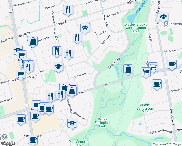 map of restaurants, bars, coffee shops, grocery stores, and more near 271 Currey Crescent in Newmarket