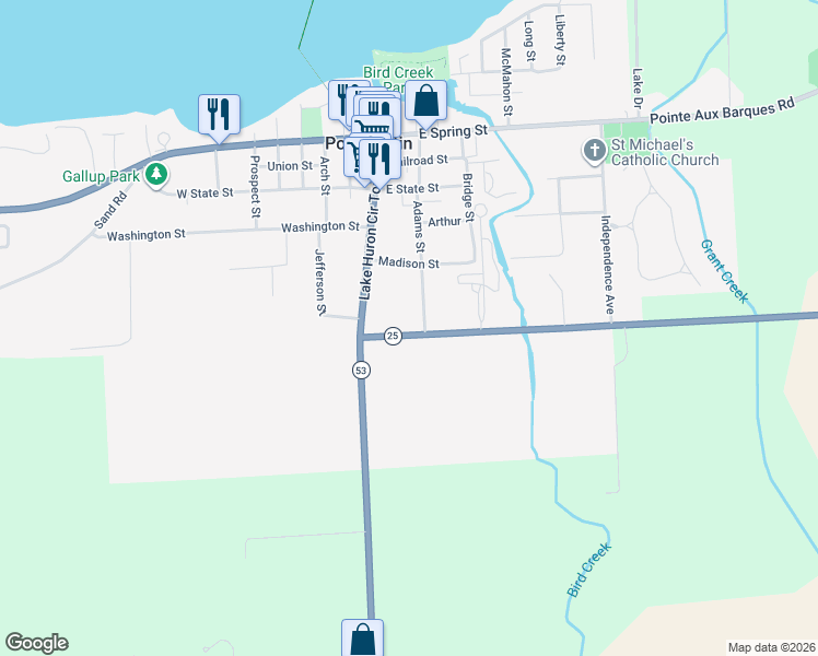 map of restaurants, bars, coffee shops, grocery stores, and more near 8538 Adams Street in Port Austin
