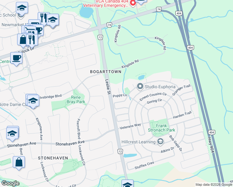 map of restaurants, bars, coffee shops, grocery stores, and more near 1003 Poppy Lane in Newmarket