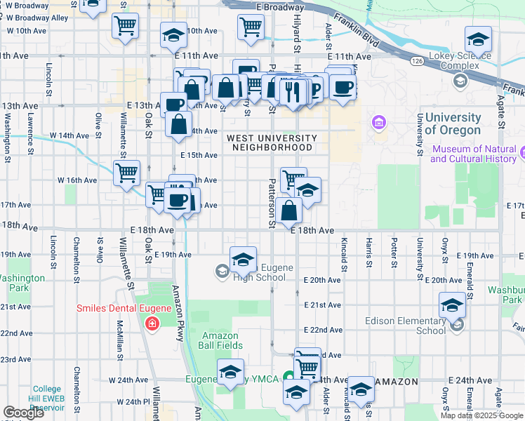 map of restaurants, bars, coffee shops, grocery stores, and more near 1721 Patterson Alley in Eugene