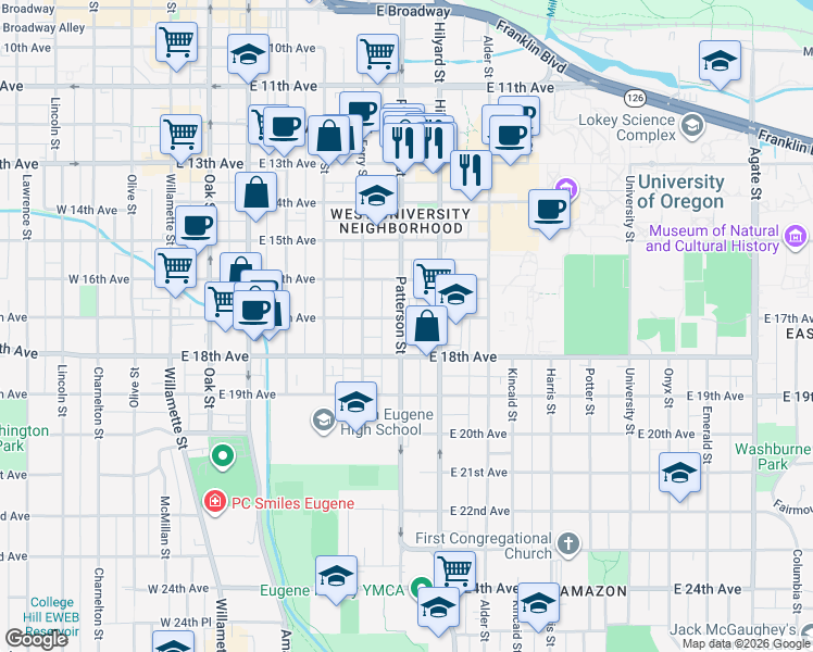 map of restaurants, bars, coffee shops, grocery stores, and more near 1670 Patterson Street in Eugene