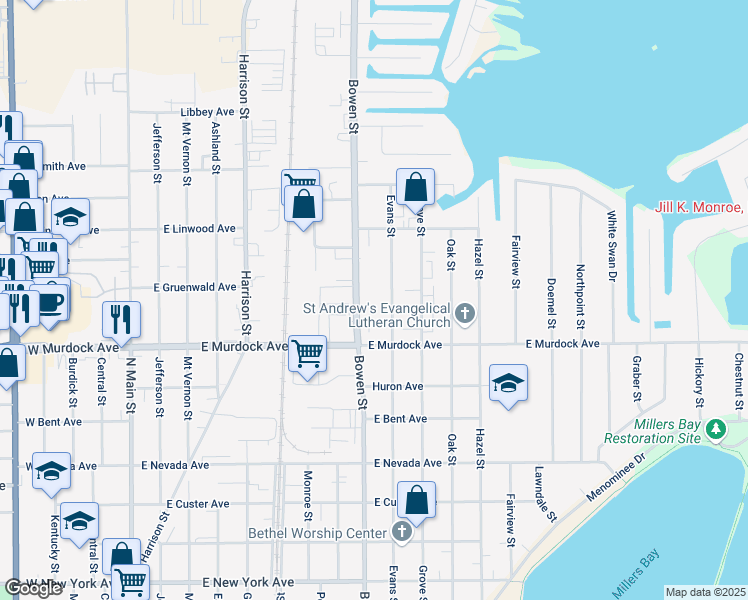 map of restaurants, bars, coffee shops, grocery stores, and more near 1850 Bowen Street in Oshkosh