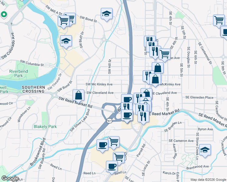 map of restaurants, bars, coffee shops, grocery stores, and more near 35 Southwest Mc Kinley Avenue in Bend