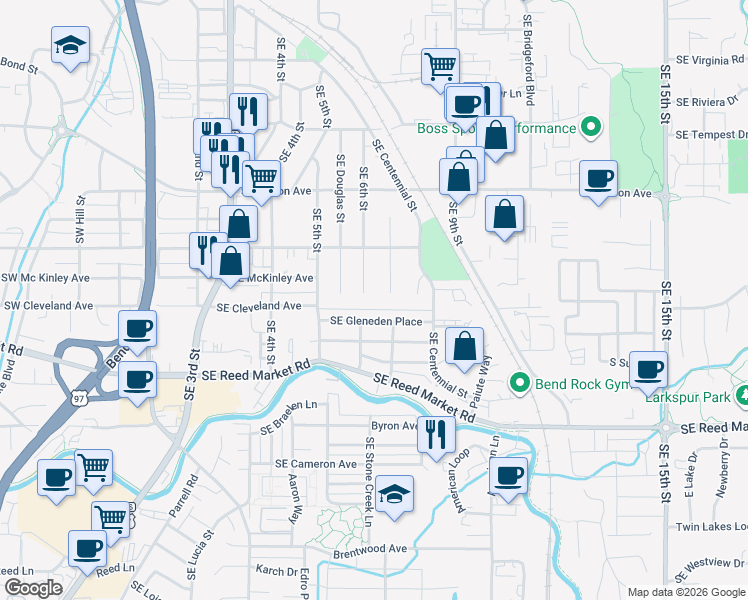 map of restaurants, bars, coffee shops, grocery stores, and more near 932 Southeast 6th Street in Bend