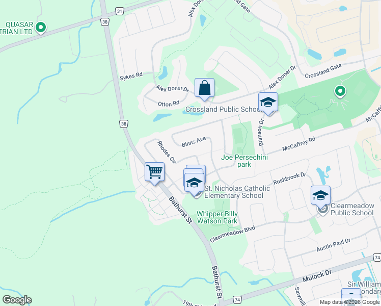 map of restaurants, bars, coffee shops, grocery stores, and more near 94 Rhodes Circle in Newmarket