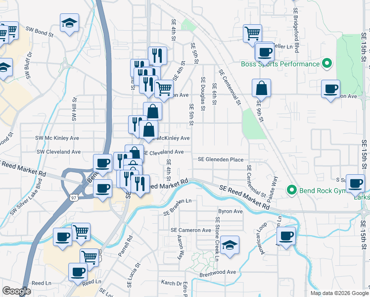 map of restaurants, bars, coffee shops, grocery stores, and more near 489 Southeast McKinley Avenue in Bend