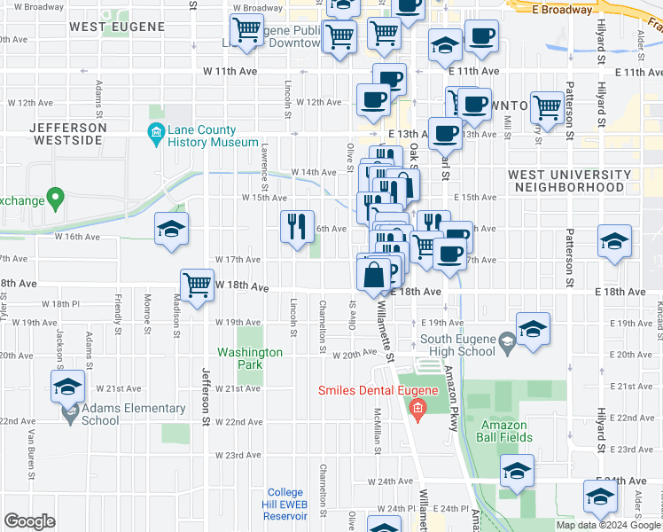 map of restaurants, bars, coffee shops, grocery stores, and more near 170 West 17th Avenue in Eugene