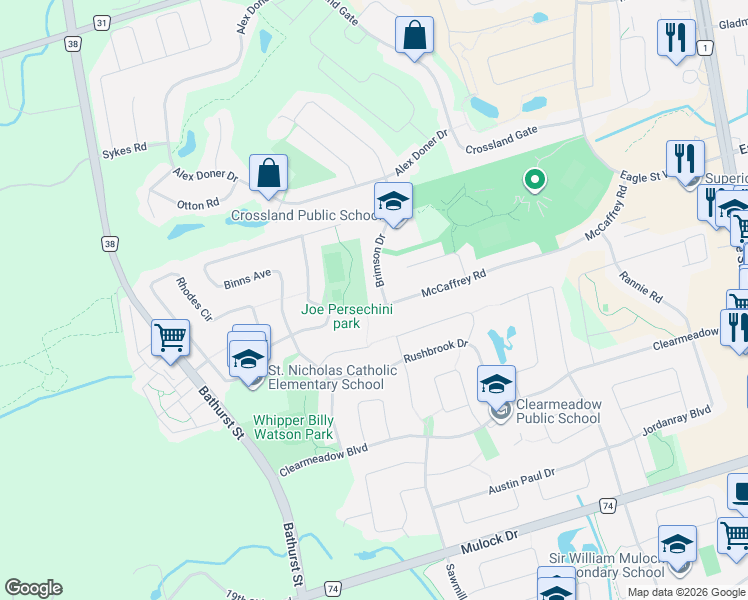 map of restaurants, bars, coffee shops, grocery stores, and more near 349 McCaffrey Road in Newmarket