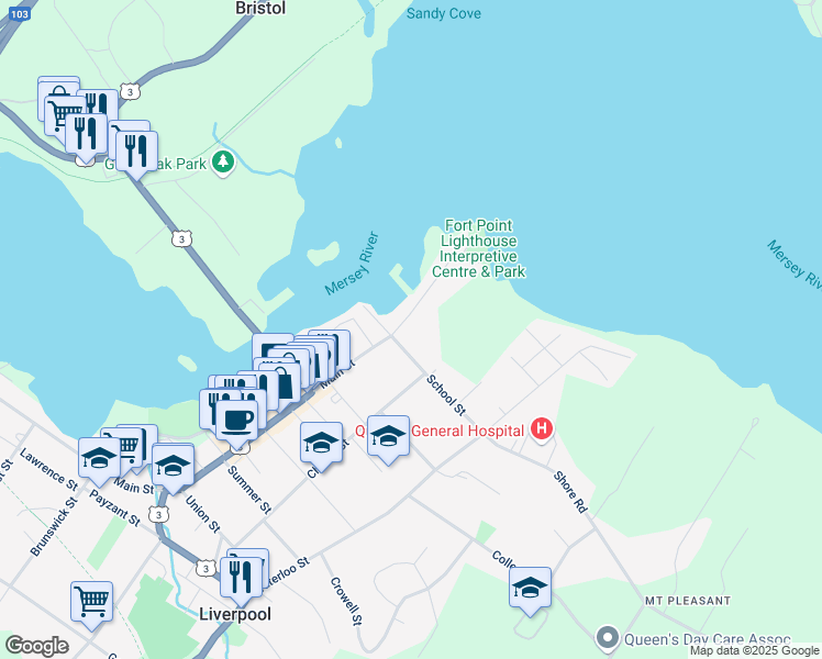 map of restaurants, bars, coffee shops, grocery stores, and more near 71 Main Street in Liverpool