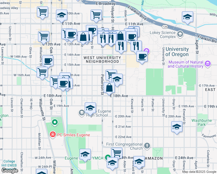 map of restaurants, bars, coffee shops, grocery stores, and more near 1676 Hilyard Street in Eugene