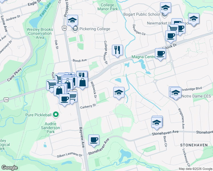 map of restaurants, bars, coffee shops, grocery stores, and more near 758 Walpole Crescent in Newmarket
