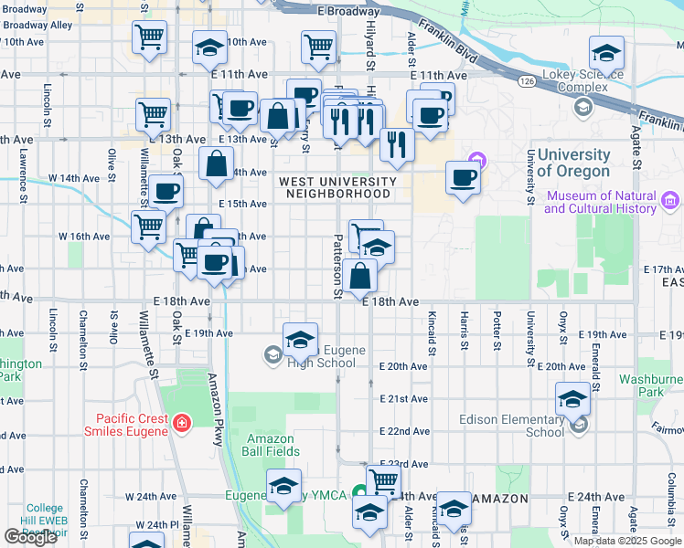 map of restaurants, bars, coffee shops, grocery stores, and more near 1711 Patterson Street in Eugene
