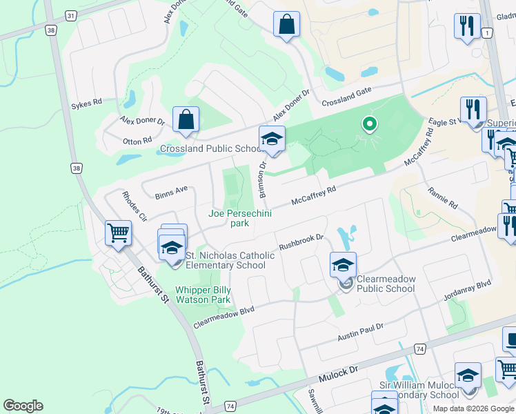 map of restaurants, bars, coffee shops, grocery stores, and more near 349 McCaffrey Road in Newmarket