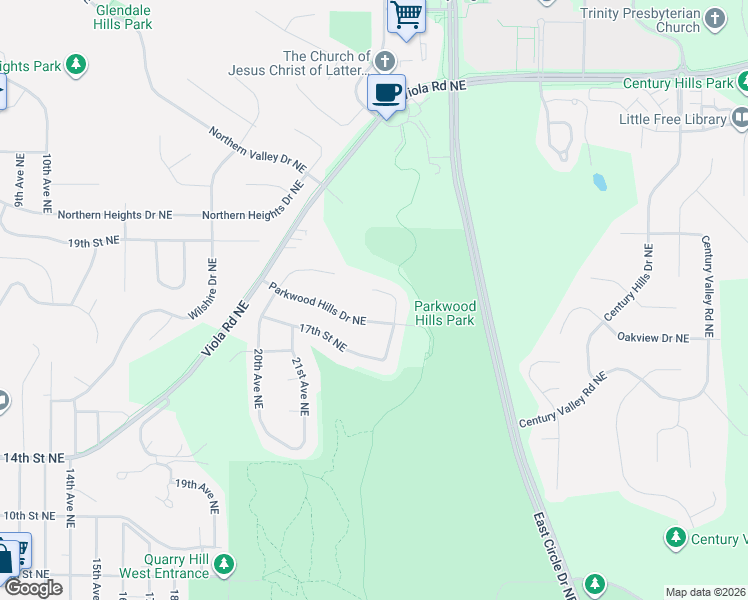 map of restaurants, bars, coffee shops, grocery stores, and more near 1867 22nd Avenue Northeast in Rochester