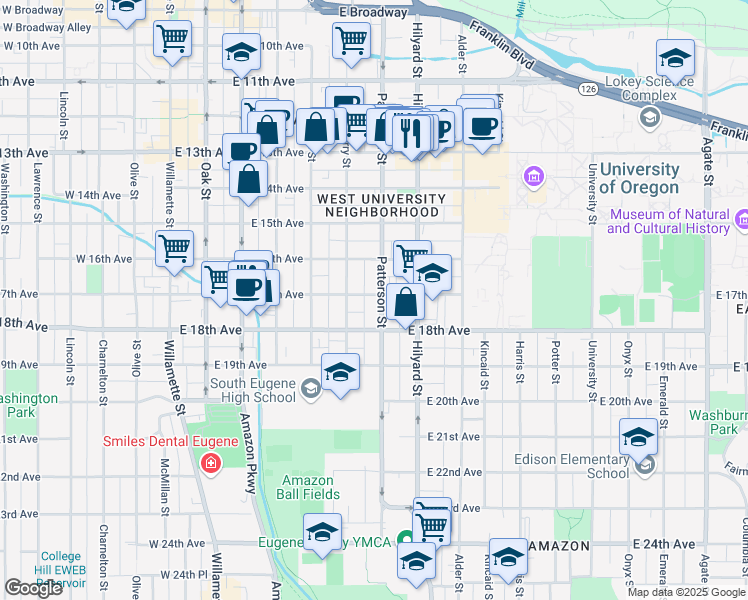 map of restaurants, bars, coffee shops, grocery stores, and more near 580 East 17th Avenue in Eugene