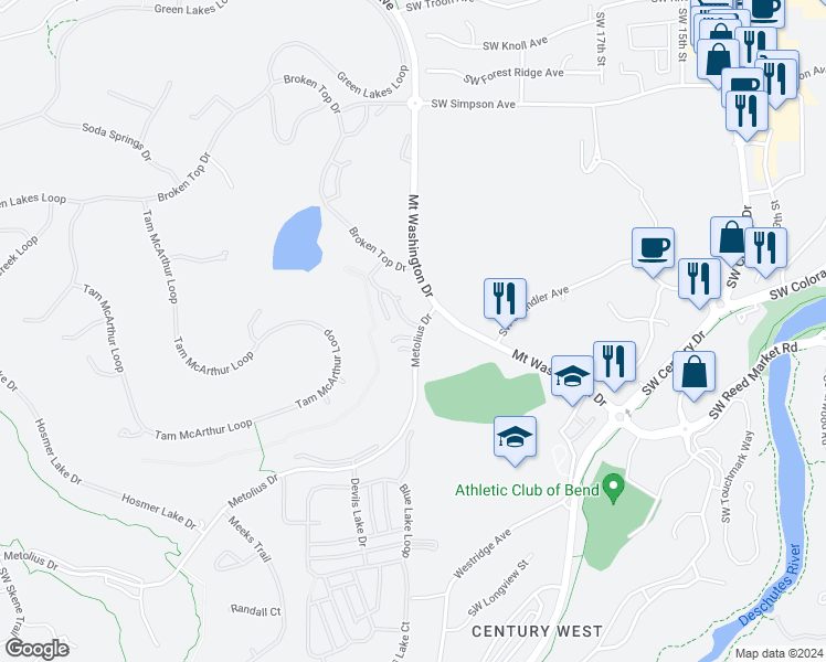 map of restaurants, bars, coffee shops, grocery stores, and more near 61789 Metolius Drive in Bend
