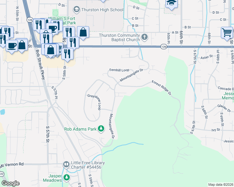map of restaurants, bars, coffee shops, grocery stores, and more near 545 Mountaingate Drive in Springfield