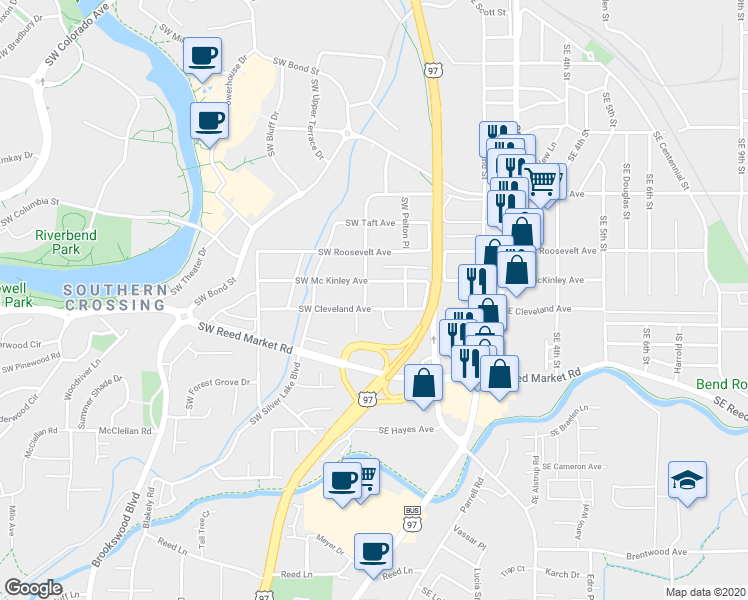 map of restaurants, bars, coffee shops, grocery stores, and more near 35 Southwest Mc Kinley Avenue in Bend