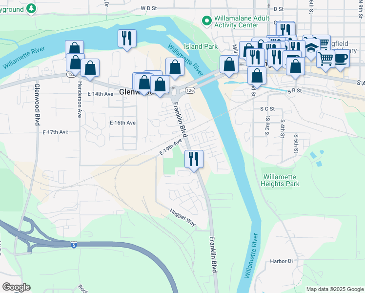 map of restaurants, bars, coffee shops, grocery stores, and more near 4530 Franklin Boulevard in Eugene