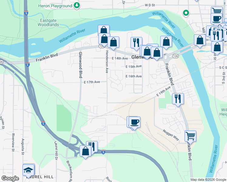 map of restaurants, bars, coffee shops, grocery stores, and more near 1625 Henderson Avenue in Eugene