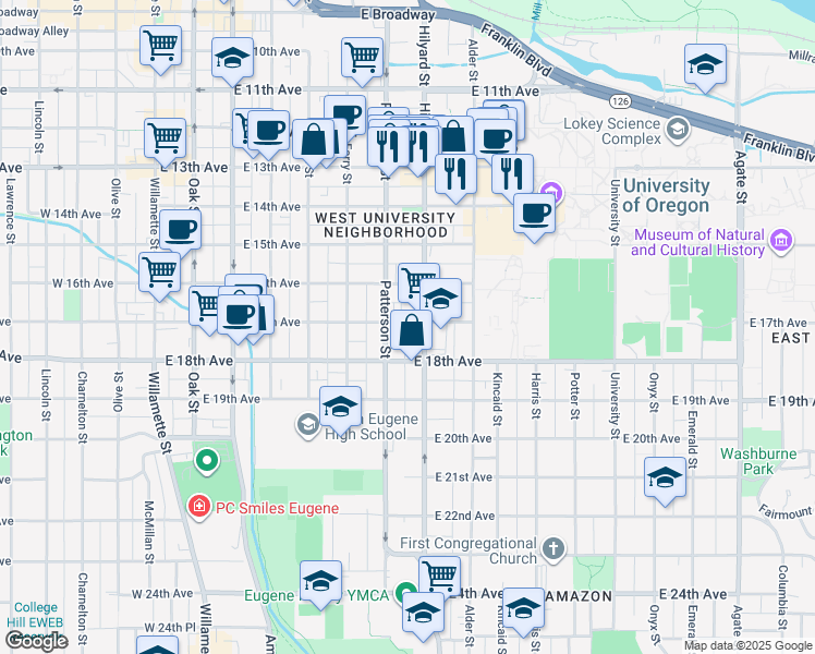 map of restaurants, bars, coffee shops, grocery stores, and more near 1676 Hilyard Street in Eugene