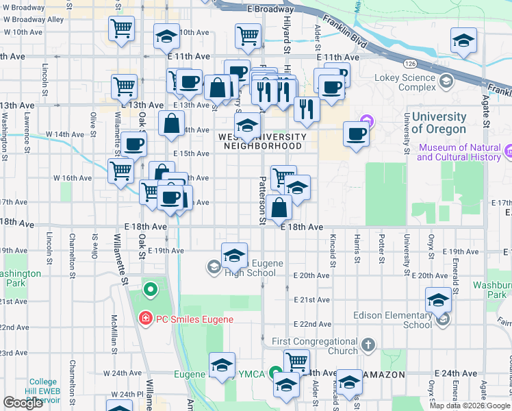 map of restaurants, bars, coffee shops, grocery stores, and more near 1670 Patterson Street in Eugene