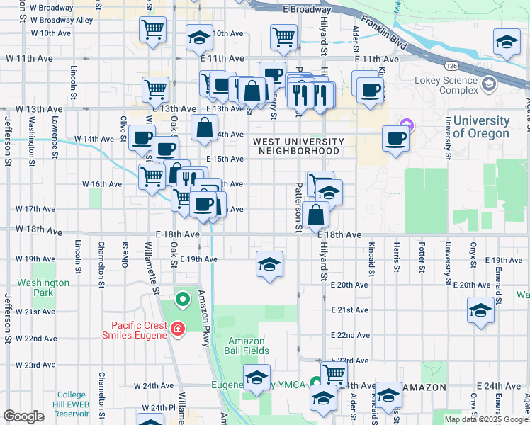 map of restaurants, bars, coffee shops, grocery stores, and more near 6168 Ferry Street in Eugene