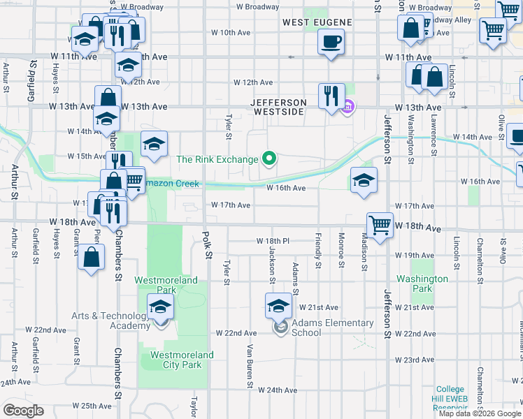 map of restaurants, bars, coffee shops, grocery stores, and more near 1680 Van Buren Street in Eugene
