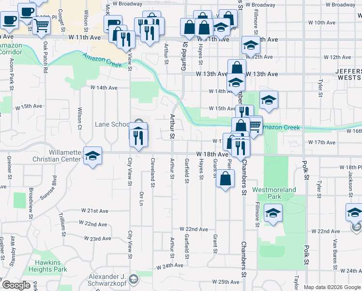 map of restaurants, bars, coffee shops, grocery stores, and more near 2019 West 17th Avenue in Eugene